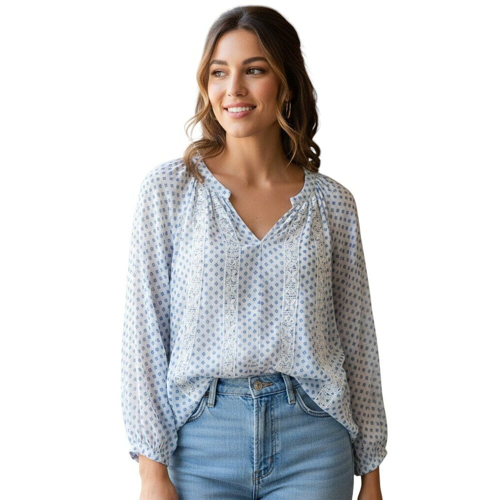 Counterparts Blue & White Geometric Peasant Blouse with Crochet Lace Trim M